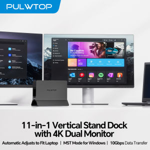 PULWTOP 11 in 1 Vertical Docking Station with 2 HDMI 4K 3-USB A/C 10Gbps Ethernet Docking Station Stand for Type-C Laptops