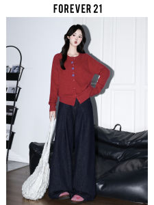 Forever 21 American Style High Waist Wide Leg Blue Jeans Women Loose Straight Cut Trousers for Pear Shaped Body Washed Denim