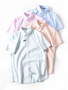 New Mens Casual Loose Fit Short Sleeve Oxford Cloth Shirt Pure Cotton Summer Vertical Stripes Washed Style Fashionable Urban Wear