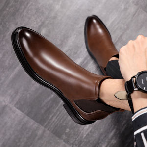 Retro Genuine Leather Fleece Lined Chelsea Boots Mens Winter High Top Pointed Toe Short Boots Brown Martin Boots