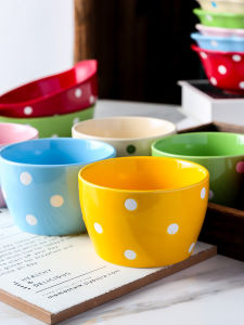 Bát Ăn Tròn Dày 4 Inch Họa Tiết Chấm Bi Lớn Bát Ăn Sáng Bát Đựng Thức Ăn Nhẹ Bát Ăn Một Người Bát Sứ Phong Cách Hàn Quốc