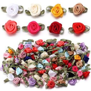 50Pcs/Lot 18 Colors For Choice Fashion Ribbon Rose Rosettes with Leaf Fabric Flowers Accessories DIY Crafts Sewing Supplies