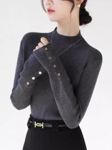 WANGGONGZHU | Fashionable Knitted Base Layer Shirt Womens Half High Collar Autumn Winter Inner Wear Striped Design Princess Style Long Sleeve