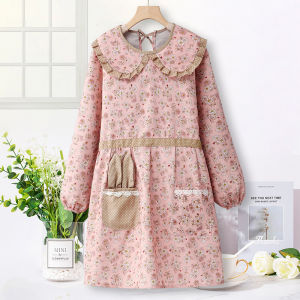 Pure Cotton Long Sleeve Apron Womens Fashionable Kitchen Workwear Dishwashing Specialized Coat Popular Simple Style All-Match