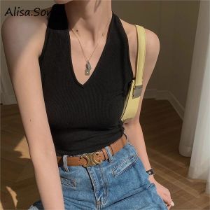 （CLE）Alisa.Sonya Womens Casual Sleeveless V Neck Halter Top Rib Knit Solid Tanks Shirt