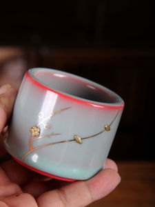 Retro Chinese Style Porcelain Tea Cup Green Plum Pig Fat Jelly Glazed Crackled Can Be Cultivated Single Lamp Handmade Diningware