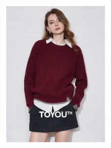 Toyouth | Áo Len Nữ Cổ Tròn Giả Hai Mảnh Màu Đỏ Mùa Đông Chất Liệu Angora