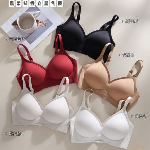 Tagkita Womens Bra Gathered Seamless Large Youth Cotton Lined All Seasons Fixed Strap V-Neck No Steel Ring Red Lucky Year