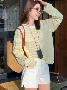 เสื้อยืดแขนยาวบางป้องกันแสงแดดสําหรับสุภาพสตรีลายทางสไตล์ขี้เกียจ ฤดูร้อน ทันสมัย เวอร์ชั่นเกาหลี หลวม คอกลมพอดี เสื้อท่อนบน