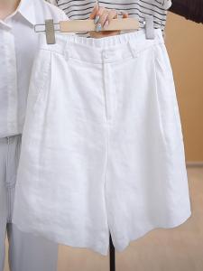 Fashion High Waist Wide Leg Short Pants Womens Summer New Style White Linen Five-Quarter Pants Slimming Effect Casual Trousers