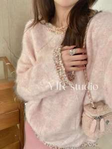 Thickened Pink Splicing Knitted Sweater Womens Autumn Winter Design Sense Soft Cozy Cashmere Overhead Female Fashion