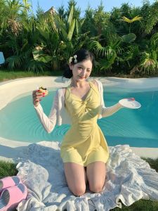 Mosricci Sweet Conservative Dress Style One Piece Swimsuit Womens Beautiful Back Yellow Slimming Belly Covering Swimsuit