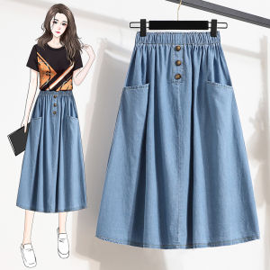 High Waist Midi Skirt for Women Loose Fit Casual Denim A-Line Skirt Big Size Plus Size Summer Fashion