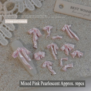 50Pcs 3D Pink Pearlescent Soft Craving Bow Nail Charms Mixed-Shapes Satin Bowknot Nail Art Decorations Y2K Ribbon Nails Supplies