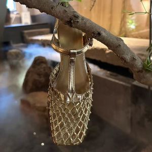 Invisible ~ Special-Interest Design Cut Out Mesh Silver Closed Toe Sandals Womens Ankle Buckle Low Heel Roman Sandals