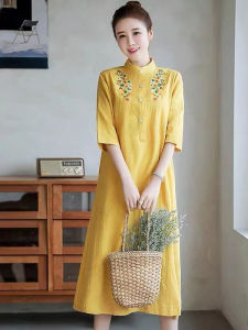 ชุดเดรสฝ้ายลินินปักลายฤดูร้อนสำหรับผู้หญิงชุดเดรสยาวสไตล์จีนทรงหลวมแขนยาวสำหรับตรุษจีน