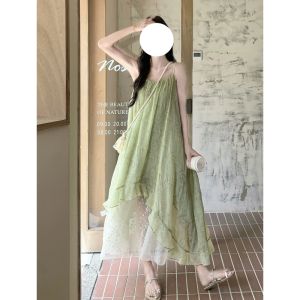 Mint Wave Green Dress Womens Super Fairy Summer Beautiful Lace Mesh Splicing Strap Dress Retro Style High Waist Loose Fit A-Line