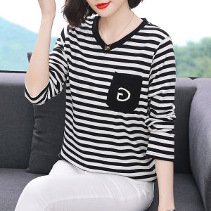 Autumn New Style Womens Long Sleeve Striped Pure Cotton T-Shirt Korean Version V-neck Base Shirt Inner Wear Top for Mom Large Size