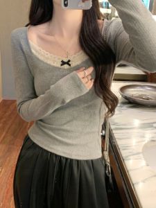 Lace Long Sleeve Womens T-shirt Slim Fit Base Shirt Inner Wear Elegant Autumn New Style Cotton Polyester Blend U-Neck Top