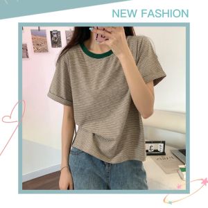 QXshop เสื้อยืดแฟชั่นคอกลมแขนสั้นลายทางสลับ 💐 เสื้อผญสีพื้นขอบคอเสื้อสีเขียว ไม่พิมพ์ลวดลาย ผญผ้าเนื้อนูมสวมใส