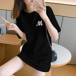 Large Size Mid-Length Printed T-Shirt Women Summer Butt Covering Short Sleeve Fashionable High End Loose Fit round Neck Cotton