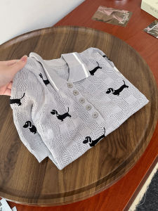 QINGNAER | Stylish Korean Leisure Grey Puppy Embroidery New Autumn and Winter Polo Shirt
