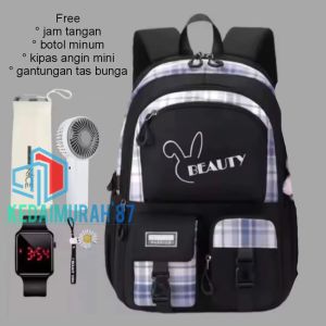 Tas ransel anak perempuan remaja SD SMP model BEAUTY gratis botol minum jam tangan kipas angin mini gantungan tas bunga tas ransel sekolah