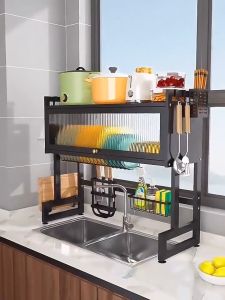 JOTO Dish Rack Over The Sink Dish Rack Organizer Cabinet Dustproof Dish Drying Rack With Cabinet Door Kitchen Organizer