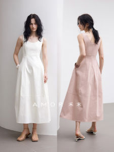 New AMOR French Style U-Neck Sleeveless Vest Dress Slim Fit Pure Color Summer Womens Casual Cotton Nylon Floral Skirt Dress