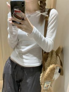 Áo Thun Cổ Tròn Tay Dài Màu Trắng Ngọt Ngào Ren Ghép Nối Ngắn Ôm Vừa Vặn Mùa Xuân Thu Cho Nữ