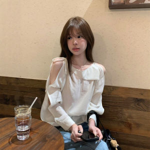DUOFEIYAN | Korean Style White Lace-Up Long Sleeve Sheer Off-Shoulder Shirt Lightweight Stylish Youthful