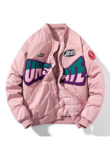 Autumn and Winter Fashion Brand Outwear Pink Thickened Baseball Cotton-Padded Jacket Men and Women Couple Hip Hop Loose Pilot Jacket Cotton-Padded Coat