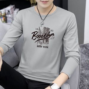 Modale Long Sleeve T-Shirt Mens Fashion Autumn Small round Neck Printed Base Shirt Body Tee Inner Wear Fake Collar
