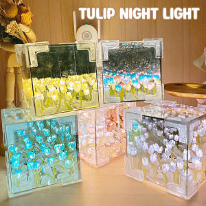 DIY Tulip Mirror Cube Lamp Handmade Craft Tulips Mirror Night Light Simulation Flower Bedroom Sleeping Table Lamp Birthday Gift