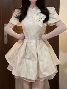 ชุดเดรสกระโปรงทรงเอเอวสูงสไตล์เจ้าหญิงฤดูร้อนใหม่สไตล์จีน ชุดราตรียาวปานกลาง ผ้าโพลีเอสเตอร์ แขนสั้น คอตั้ง ทรงเอ