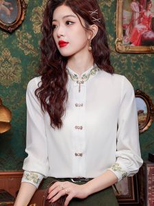 Elegant Long Sleeve Embroidered Shirt Womens Spring Fashion New Chinese Style Stand Collar Top Matched with Horse Tailed Skirt