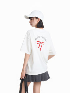 Áo Thun Cotton Tay Ngắn in Nơ Bướm Trắng Mùa Hè Rộng Rãi Cho Nữ Áo Thun Cotton Nguyên Chất Tay Lửng Cổ Tròn Dáng Thường