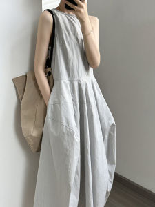 French Simple Blue Bouffant Dress Summer New Design High Waist Cotton Blend A-Line Skirt Style Sleeveless Vest Dress