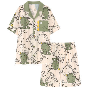 MiiOW | Mens Summer Ice Silk Cool Feeling Short Sleeve Sleepwear Two-Piece Set Casual Open Cardigan Home Clothes Can Be Worn Outside