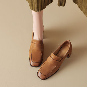 รองเท้าส้นสูงหนังแท้สีน้ำตาลทรงสี่เหลี่ยมสำหรับผู้หญิง รองเท้าทำงานแบบสวม รองเท้าลำลอง รองเท้าส้นหนา รองเท้าหนังขนาดเล็ก รองเท้าส้นแบน รองเท้าแฟชั่น