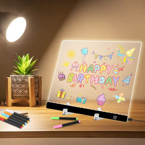 13.77"x9.84" - Acrylic Clear Light Up Drawing Board  Glow Erasable Memo LED Magic Board  with 7 Color Markers Pen and Stand