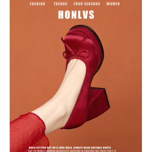 Knot round Head Single Shoes Womens Chunky Heel Spring New Red Mary Janes High Heels Bride Shoes Korean Style Fashionable