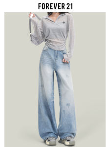 Forever 21 Early Autumn American Style High Waist Wide Leg Jeans Womens Vintage Loose Fit Hole Straight Floor-Length Pants