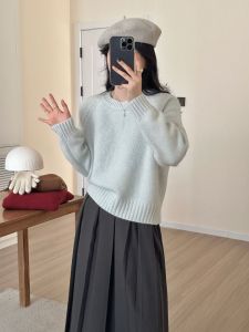 เสื้อสเวตเตอร์ถักสีเทาหลวมๆ สำหรับผู้หญิง ฤดูใบไม้ร่วง/ฤดูหนาว เสื้อสเวตเตอร์ถักแบบลำลอง แขนยาว ปกกลม อบอุ่น ใส่สบาย