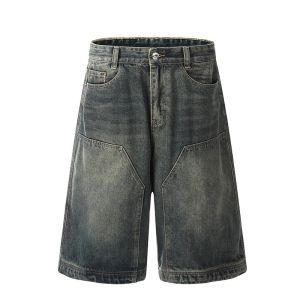 ‌Womens Vintage Washed Denim Shorts High Waisted Cargo Pocket Wide Leg Streetwear Bermuda Capris