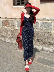 Elegant Floral Print Halter Dress Womens 2025 Spring Autumn New Waist Cinching Slimming V-neck Vest Two-piece Set Vintage