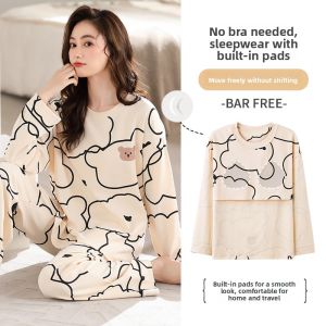 Miiow | Pure Cotton Long Sleeve Sleepwear Womens Spring Autumn Thin Home Clothes Set With Chest Pad Casual Style Comfortable Home Leisure Wear