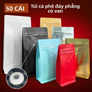 50 Túi Đựng Cà Phê Đáy Phẳng Chất Lượng Cao Có Van Và Khóa Kéo - Lót Nhôm Dành Cho Cà Phê Hạt & Bột Thực Phẩm