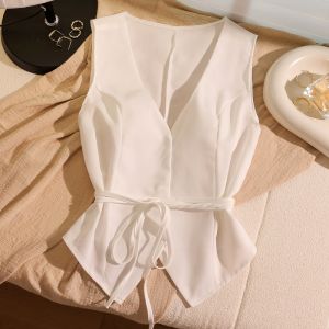 Chic Stylish Sleeveless Vest Top Layering Trendy Womens Fashion Spring Autumn 2024 Unique Design Polyester Fiber V-Neck