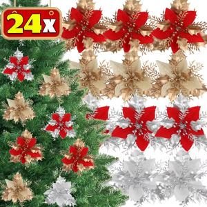 🎄Ready Stock🎄 24PCS Gold Powder Christmas Flower Artificial Xmas Tree Hanging Flower Pendant New Year Christmas Party Home Decoration Props